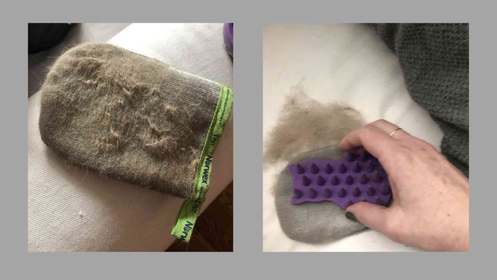 pic of cat fur on lint/hair mitt, and 2nd pic of using rubber grooming tool to clean fur from mitt